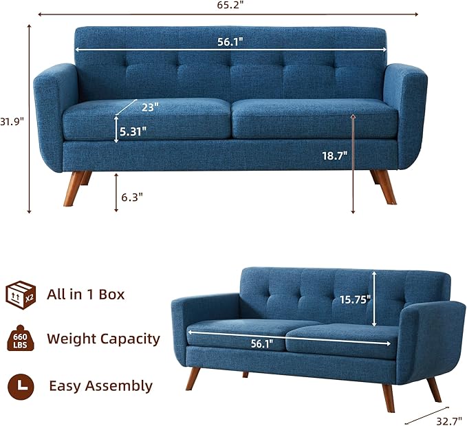 Tbfit 65" W Loveseat Sofa, Mid Century Modern Decor Love Seat Sofas and Couches for Living Room, Button Tufted Upholstered Small Couch for Bedroom, Solid and Easy to Install Love Seats Furniture, Blue