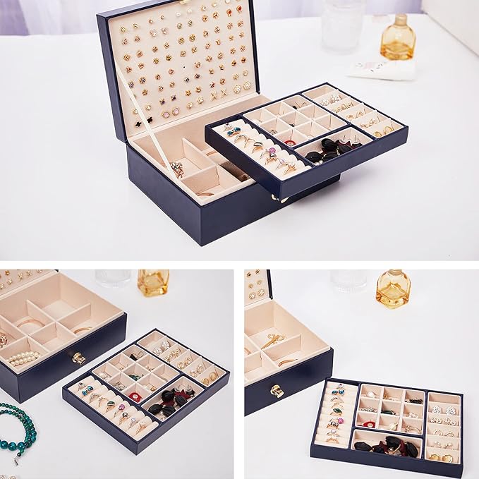 Jewelry Box Organizer for Women, Earring Organizer Holder with PU Leather for Birthday Christmas and New Year Gifts-Navy Blue