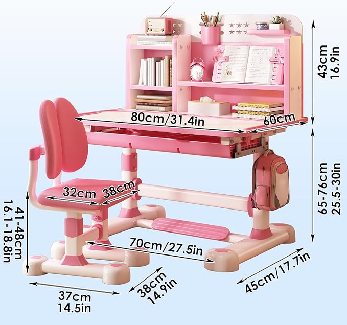 Kids Functional Desk and Chair Set, Study Desk for Children with Chair, Kids Desk and Chair Set,Height Adjustable Children School Study Desk with Storage Drawer for Boys Girls (Pink C)