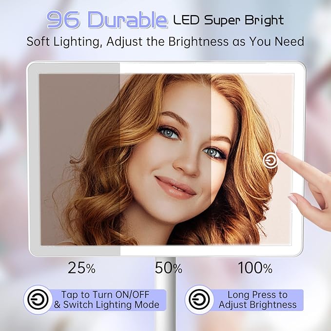 FUNTOUCH Rechargeable Makeup Vanity Mirror with Lights, Large Lighted Desk Makeup Mirror with 96 LED Lights and 10x Magnifying Mirror, 3 Color Lighting, Light up Make up Mirror with Phone Holder