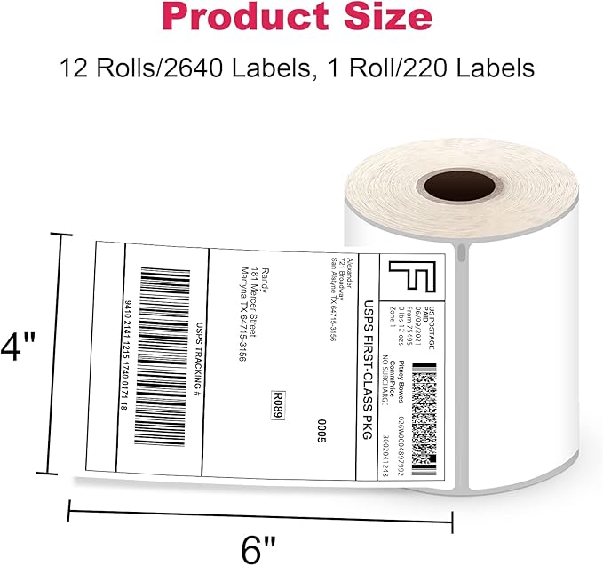 2640 Labels/12 Rolls Postage Shipping Labels 4"x6" Compatible with Dymo 4XL 1744907, 1755120, Direct Thermal Labels White Perforated Shipping Label, BPA Free