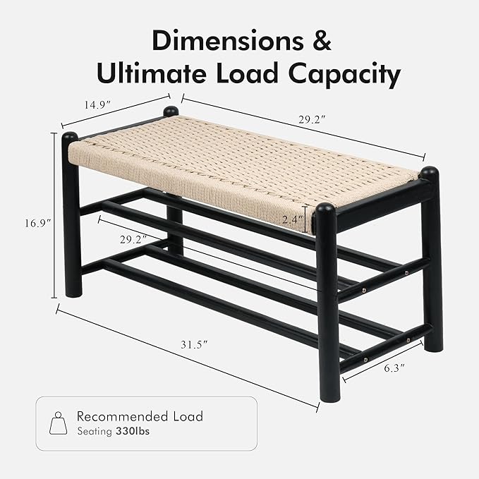 Solid Wood Entryway Bench with Shoe Storage, Rustic Oak Wood and Woven Design 31.5 Inch Long Seating for Living and Dining Rooms, 3-Tier Black