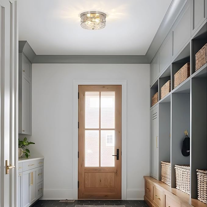 LamQee 9.8" Small Flush Mount Ceiling Light With Clear Hammered Glass, Brushed Nickel Hallway Light Fixtures Ceiling Mount for Bathroom, 2-Lights Farmhouse Close To Ceiling Light Kitchen Foyer Bedroom