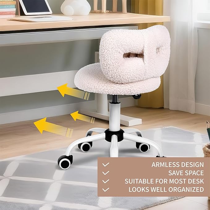 Kids' Desk Chair with Bow Design, Cute Upholstered Swivel Chair with Wheels and Adjustable Height, Small Comfy Armless Chair for Girls/Children (Cream)