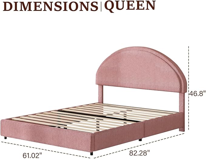 Queen Bed Frame, Upholstered Platform Bed with Headboard, Boucle Bed Frame with Round Conner, No Box Spring Required, Easy Assembly, Pink