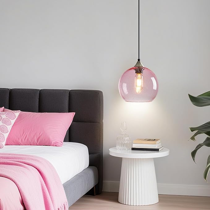 Pink Glass Pendant Lights Kitchen Island Lighting Globe Pendant Light Fixtures Modern Pendant Lighting for Bedroom Living Dining Room Light Fixture (7.87 in, 3 Pack)