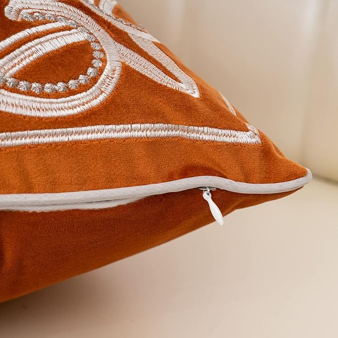 Aeckself European Floral Pillow Cover 16x16 Inch, Luxury Velvet Embroidered Decorative Throw Pillow Cover for Couch Bedroom Living Room, Burnt Orange and White