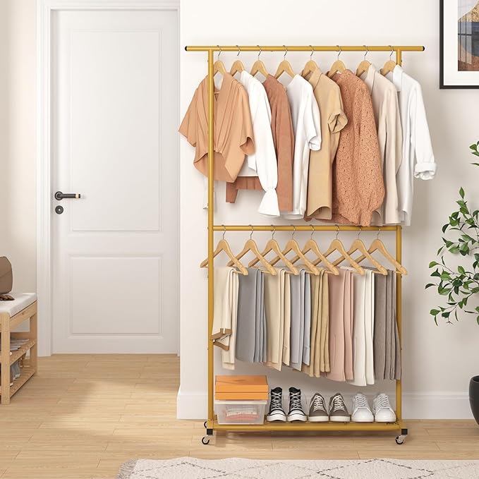 Sywhitta Double Rod Clothing Garment Rack, Rolling Coat Hanger with Bottom Mesh, Clothing Rack for Hanging Clothes, Coats, Skirts, Sweaters, Gold