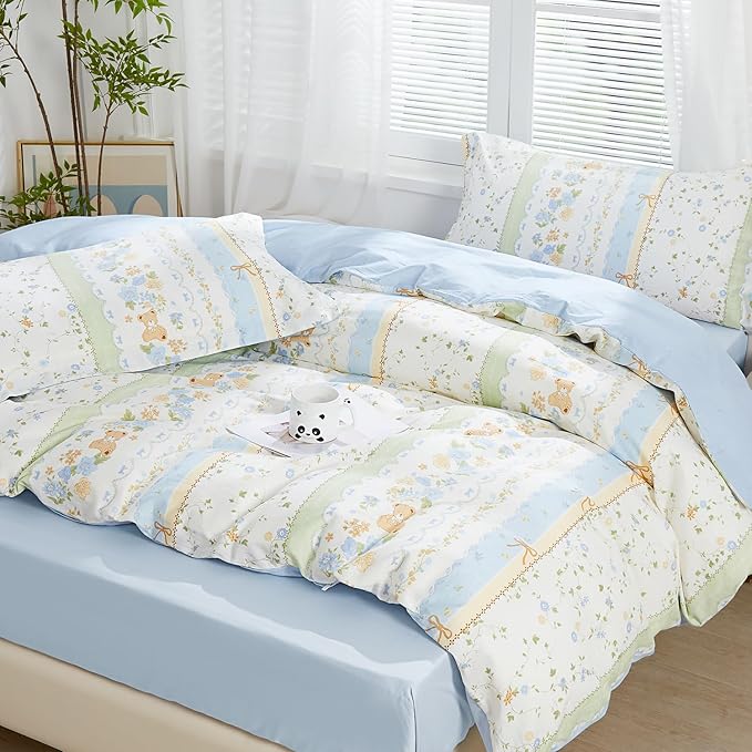 SAPHREAS Duvet Cover Set King Size 3pcs Cute Little Bear Blue Green Floral Bedding Comforter Cover Set 100% Cotton 1 Duvet Cover 104"x90" 2 Pillow Shams, Comforter Not Included