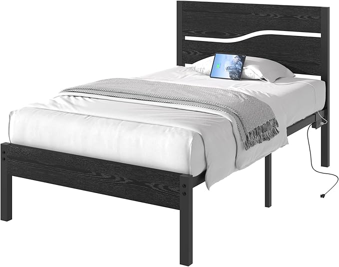 VECELO Twin Size Platform Bed Frame with USB Charging Station and Wood Storage Headboard, Heavy Duty Metal, Large Storage, Noise-Free, No Box Spring Needed, Easy Assembly, Black