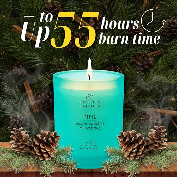 Pine Candle - 9.7 oz /275g 45-55 Hours Burn Time in Green Frosted Glass Jar with Wooden Lid and Wooden Crackling Wick in Luxurious Gift Box - Natural, Refreshing and Energising