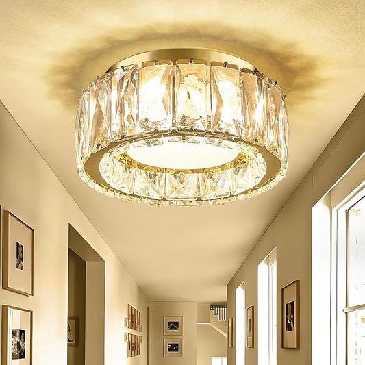 Modern Dimmable LED Luxury Crystal Gold Flush Mount Ceiling Light Fixture,7.87 Inch 15W,3CCT,Mini Round Close to Ceiling Chandelier for Hallway,Kitchen,Laundry Room,Entryway