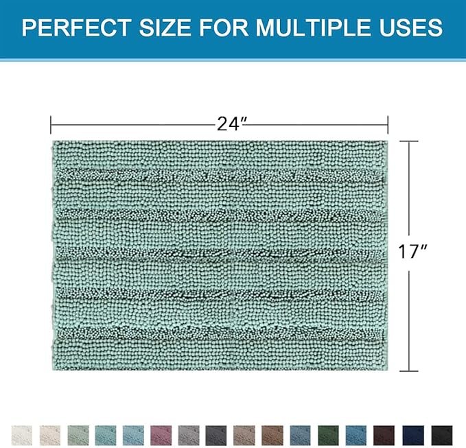 H.VERSAILTEX Bathroom Rugs Bath Rugs for Bathroom Non Slip Bath Mats Extra Thick Chenille Striped Rug 17" x 24" Absorbent Soft Shaggy Washable Dry Fast Bath Mats for Bath Room Floor - Eggshell Blue