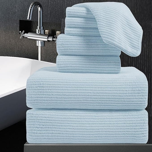 8-Piece Premium Towel Set for Bathroom|2 Oversized Large Bath Sheet,2 Hand Towels,4 Washcloths|Soft Cozy Highly Absorbent Fast Dry Microfiber Shower Towel Set for Hotel Bathroom Essentials,Blue