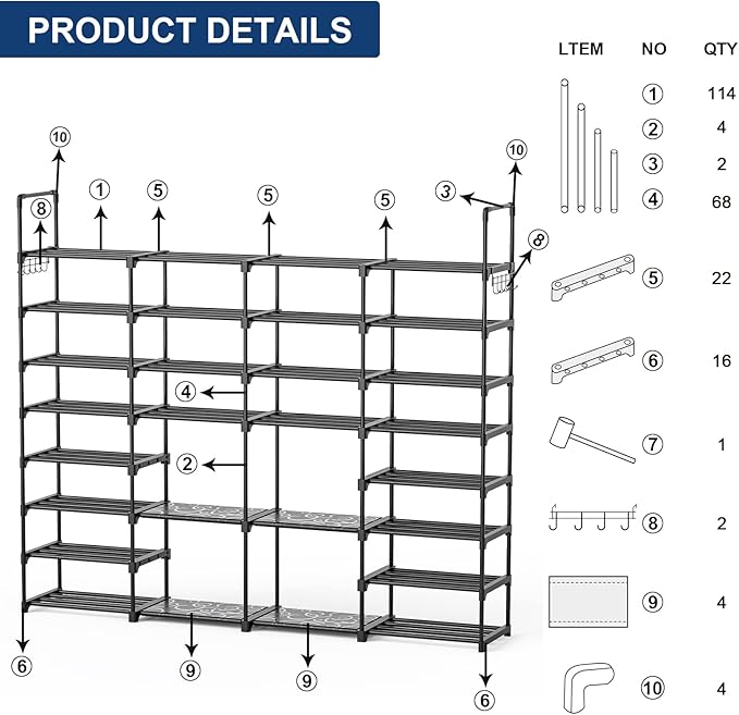 Mavivegue Extra Large Shoe Rack, 8 Tier 4 Rows 72-76 Pairs Big Tall Metal Shoe Shelf,Big Boot Rack Storage Organizer for Garage,Show Rack Shoe Holder Stand,Closet Rack Organizers and Storage