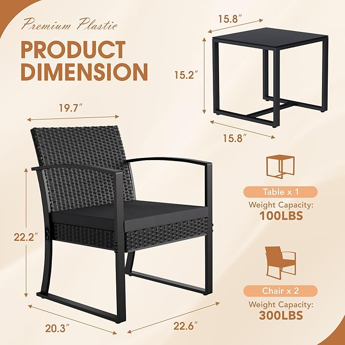 Homall Resin 3 Pieces Patio Furniture Set, Outdoor Bistro Set with Cushions and Glass Table, Conversation Set Rattan Chair for Porch, Balcony, Poolside, Garden (Black)