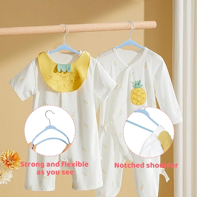 ManGotree 11" Baby Velvet Hangers, Non-Slip Infant Coat Hangers, Ultra-Thin Toddler Felt Hanger with 360° Swivel Hook, Space Saving Children's Hanger for Kids Clothes, 48 Pack (Blue)