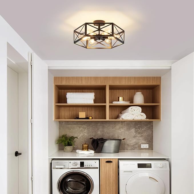 Industrial Semi Flush Mount Ceiling Light, 6 Light Modern Metal Close to Ceiling Light Fixture, Farmhouse Light Fixtures Ceiling Mount, Black Chandelier for Kitchen, Dining Room, Hallway