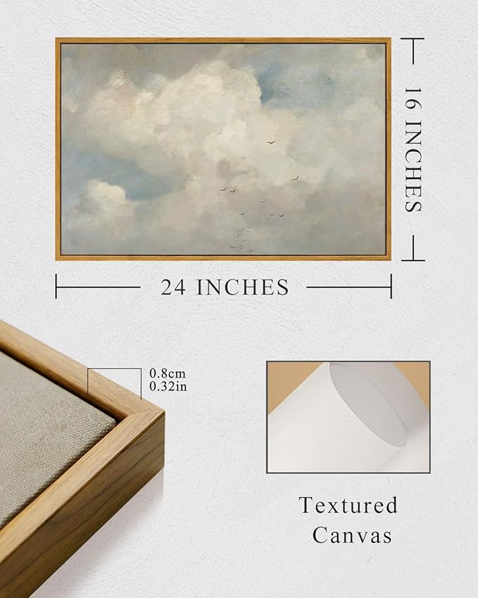 InSimSea Framed Canvas Wall Art Vintage Decor, Home Decor Classical Oil Paintings Sky Cloud Prints, Vintage Landscape Large Wall Art for Living Room Bedroom Bathroom Home Office Decor, 16"x24"