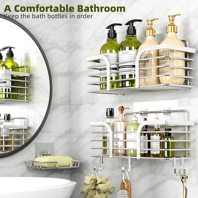 Yougai Shower Caddy Shower Shelf with Soap Dish and 4 Hooks, SUS304 Stainless Steel Shampoo Holder Bathroom Shower Organizer No Drilling Adhesive Wall Mounted Storage Shelves Basket Accessories-3 Pack