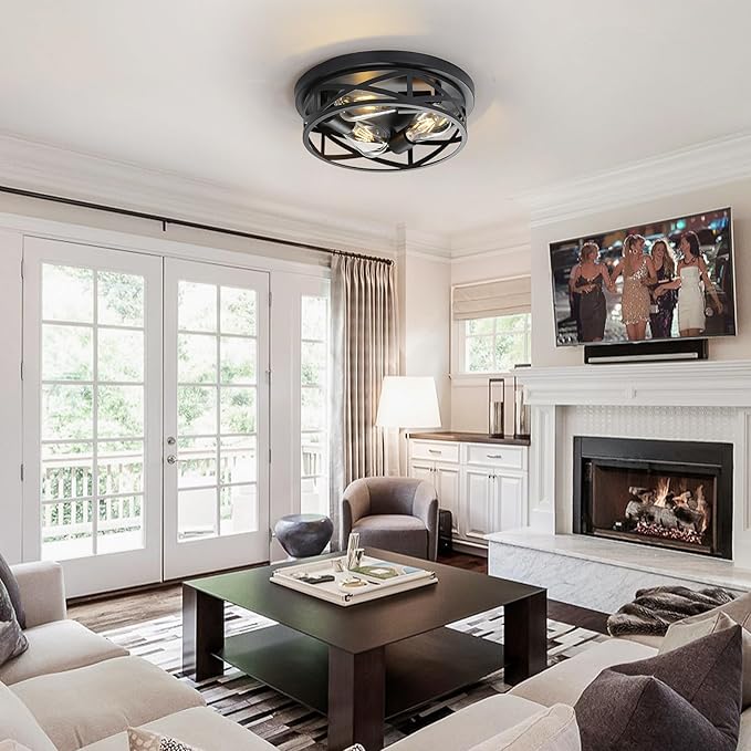 13 Inch Close to Ceiling Light Fixtures 2 Pack, 3-Lights Farmhouse Flush Mount Ceiling Light, Black Indoor Metal Cage Semi Flush Mount Ceiling Light for House Hallway Kitchen Bedroom