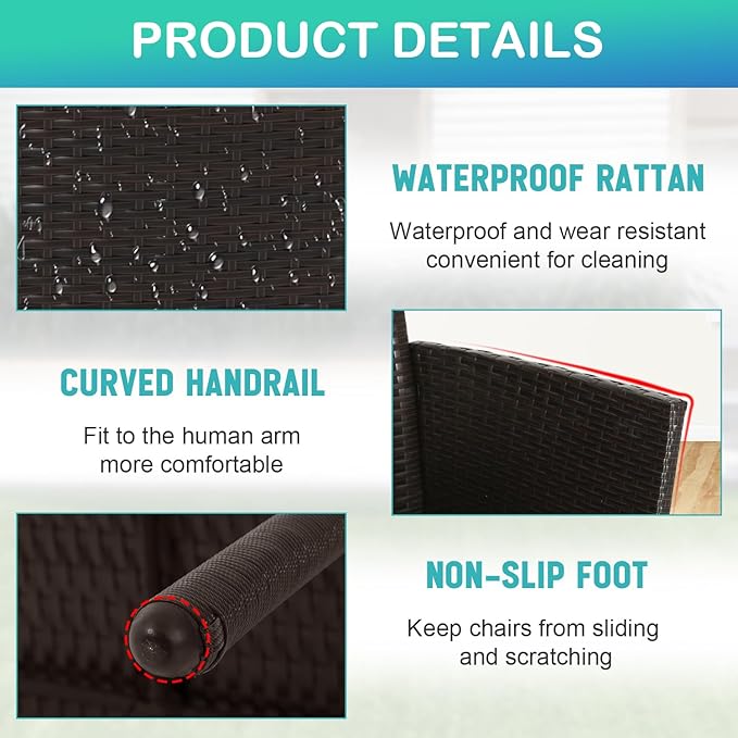 FDW 3 Piece Outdoor Furniture Set Patio Brown Wicker Chairs Furniture Bistro Conversation Set 2 Rattan Chairs with Blue Cushions and Glass Coffee Table for Porch Lawn Garden Balcony Backyard