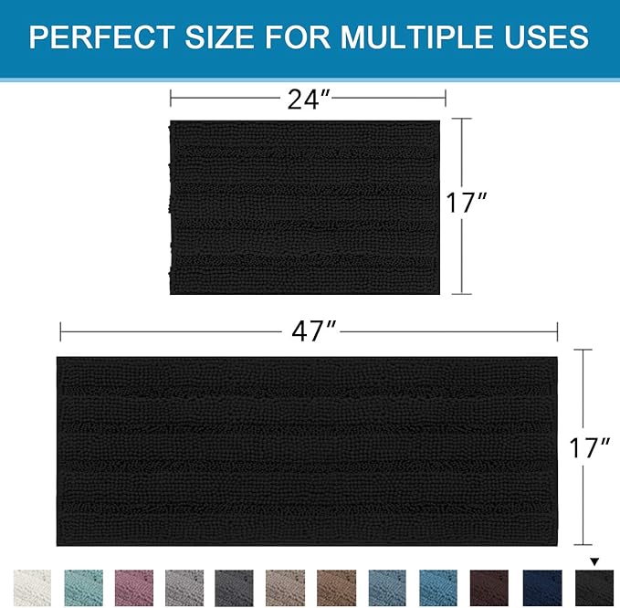 H.VERSAILTEX 2 Piece Bathroom Set Bathroom Rugs Bath Mats Sets Super Absorbent Chenille Striped Bath Mats Non Skid Machine Wash Dry Rugs for Bathroom Floor(Jet Black, 47 x 17 Plus 17 x 24 - Inches)