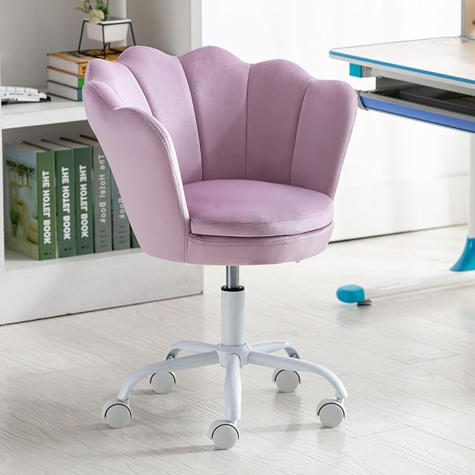 Purple Kids Desk Chair, Cute Velvet Adjustable Children Desk Chair Rolling Study Armchair Upholstered Computer Chair Shell Back 360° Swivel Vanity Chair for Teen Boys Girls Bedroom Study