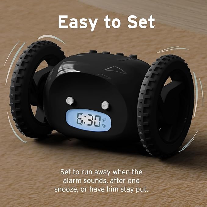 CLOCKY Extra Loud Alarm Clock for Heavy Sleepers on Wheels Rolls Runaway Vibrating Easy To Set Super Smart Snooze Digital Bed Shaker Alarm Clock Funny Gift for Adults Kids Teens Bedroom (Black Wheels)