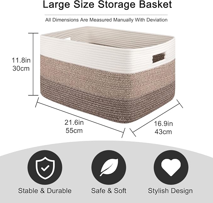 OIAHOMY Large Blanket Basket For Living Room, Rectangle Woven Baskets for Storage, Nursery Toy Storage With Handle-22”x17”x12”-Gradient Dark Brown