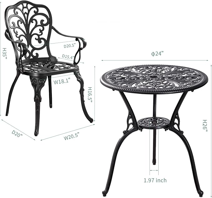 Bistro Set 3 Piece Outdoor, Bistro Table and Chairs Set of 2, All Weather Patio Bistro Set with Umbrella Hole, Patio Set for Garden, Black