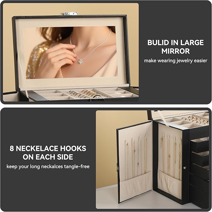 Frebeauty Large Jewelry Box,6-Tier PU Leather Jewelry Organizer,Multi-functional Storage Case with Mirror,Accessories Holder with 5 Drawers for Necklace Bracelets Watches(Black)