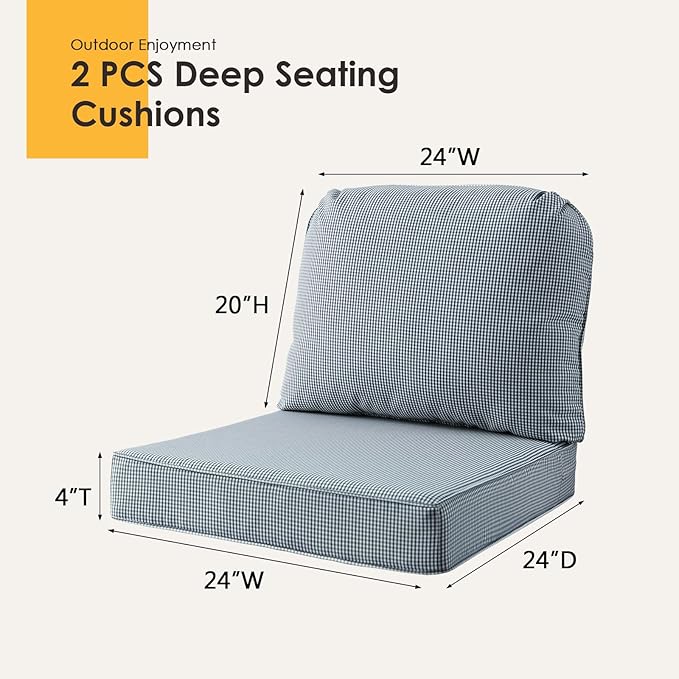 Outdoor Cushions for Patio Furniture Set of 2, 24"x24" Water Repellent Chair Cushions Removable Seat Bottom & Back Cushion Covers for Chair, Sofa, Couch, Black White Mini Check