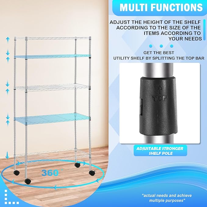 PayLessHere 14" D x 30" W x 60" H Shelves Storage Shelves Shelving NSF Certified 5 Tier Adjustable Shelf with Sliding Wheels Versatile Storage Solution Effortless Assembly and Mobility, Chrome