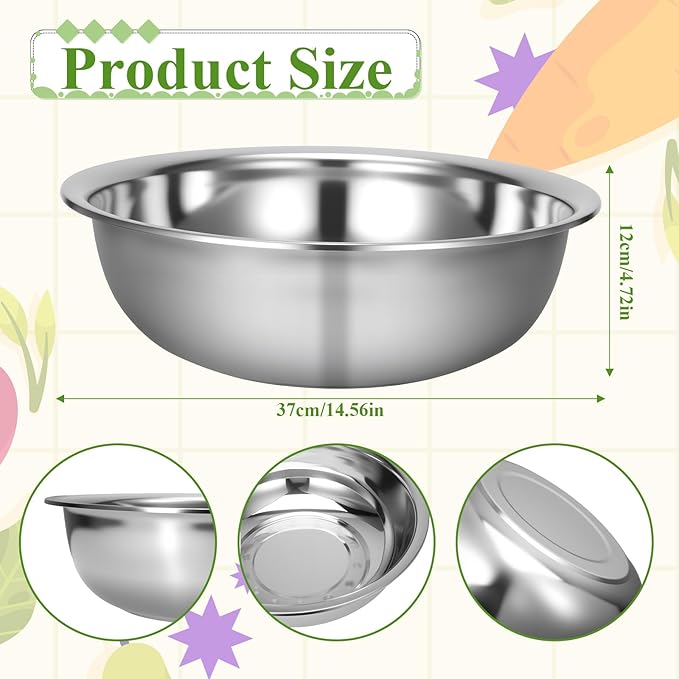 2 Pack 14 Quart Large Mixing Bowl Stainless Steel Oversized Serving Bowl, All Purpose Steel Bowl Metal Flat Bottom Bowl for Baking Cooking Meal Prep Marinating