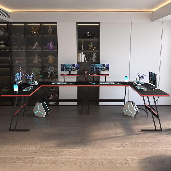 Homall L Shaped Gaming Desk Computer Corner Desk PC Gaming Desk Table with Large Monitor Riser Stand for Home Office Sturdy Writing Workstation (Black, 57 Inch)