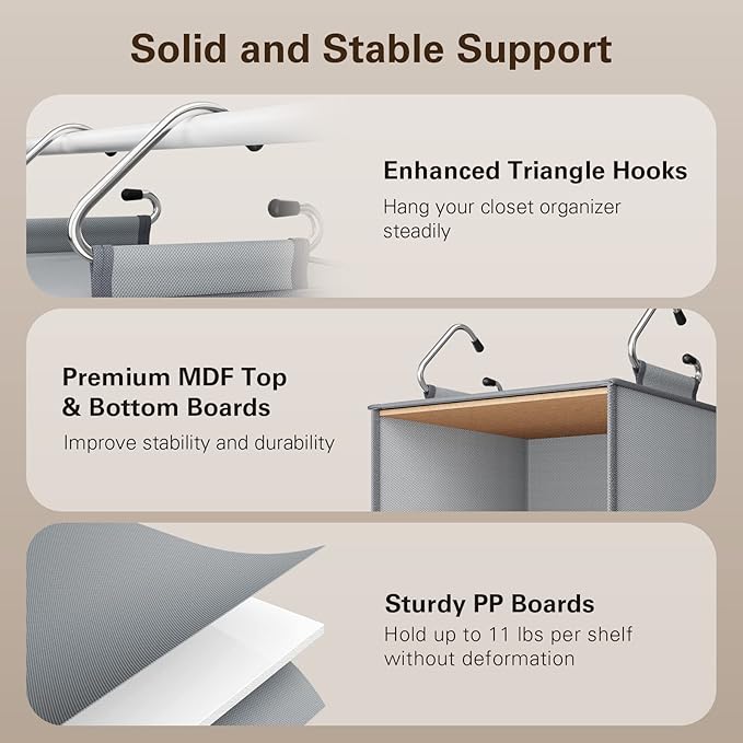 Pipishell 6-Shelf Hanging Closet Organizer, Hanging Shelves with 2 Separable 3-Tier Shelves, Closet Shelves Organizer with 3 Removable Drawers for Wardrobe, Nursery, Baby Clothes Organizer, Gray