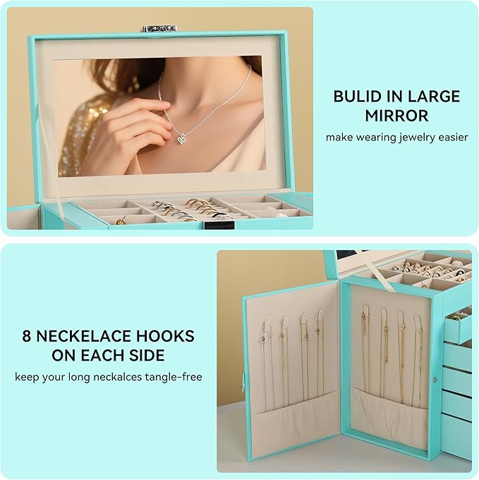 Frebeauty Large Jewelry Box,6-Tier PU Leather Jewelry Organizer,Multi-functional Storage Case with Mirror,Accessories Holder with 5 Drawers for Necklace Bracelets Watches(Turquoise)