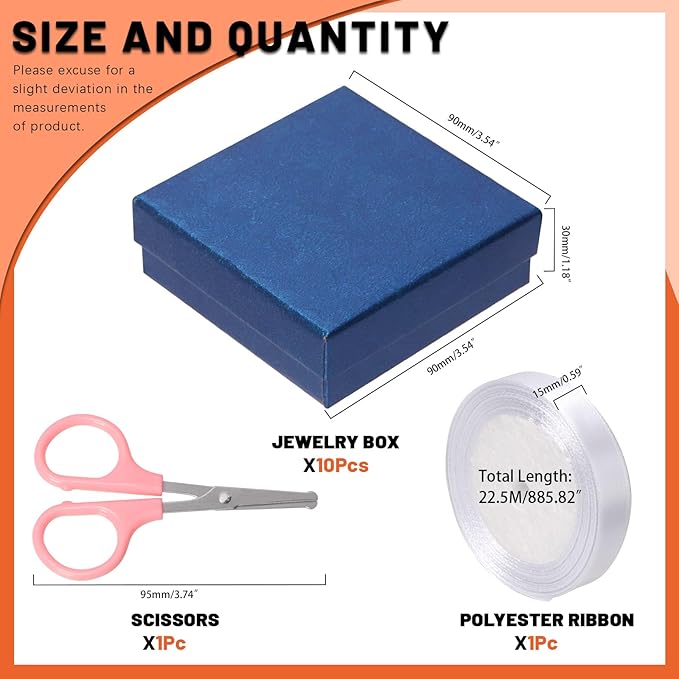 Tanstic 12Pcs Cardboard Jewelry Gift Boxes Kit, 3.5 x 3.5 x 1.2 Inch Navy Blue Gift Boxes Cardboard Jewelry Boxes with 74ft White Ribbon and Scissor for Rings, Necklaces, Earrings, Bracelets