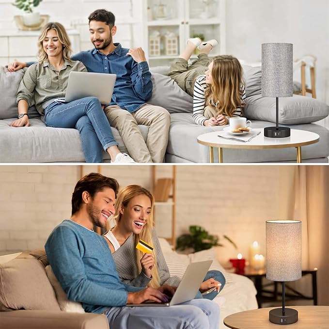 AKASUKI Table Lamp for Bedroom, 3 Way Dimmable Touch Lamp with Dual Charging Station, Small Bedside Lamps for Night Stands, Living Room, Office(LED Bulb Included)