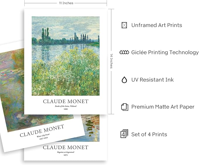 EVOLE HOME Claude Monet Giclée Art Print Set - 4 Unframed 11x14 Inch Impressions on Premium Matte Art Paper Artwork for Living Room Bedroom Dining Room Decor