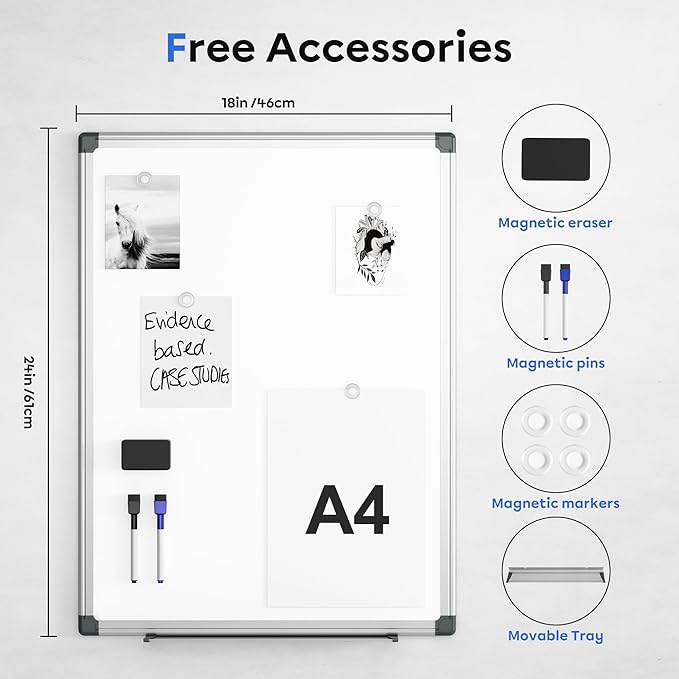 VUSIGN Magnetic Dry Erase Board, 24'' x 18'' Whiteboard for Wall, Hanging White Board, Horizontal or Vertical, Silver Aluminium Frame for Home, School, Office, Kitchen