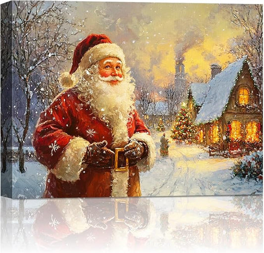 Vintage Santa Claus Christmas Canvas Wall Art - Festive Holiday Painting for Living Room,Bedroom & Bathroom, Cozy Winter Decor Framed Print, Perfect Christmas Gifts & Home Decoration