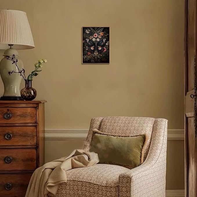 Djmwtb Vintage Framed Wall Art Butterfly Canvas Wall Art Prints Gothic Botanical Floral Pictures Dark Academia Flower Painting Wall Decor Artwork for Living Room Bedroom Bathroom Office 8x10in