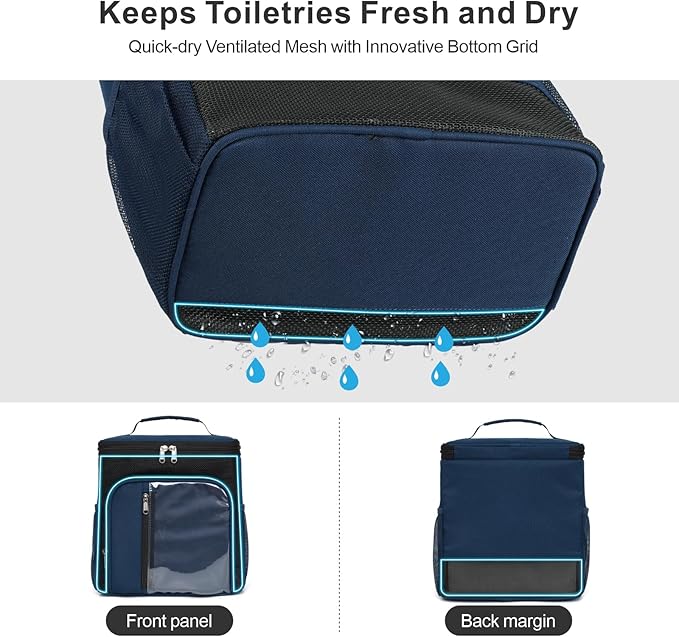 F-color Hanging Shower Caddy Portable - College Dorm Essentials for Guys with Hooks, Quick-Dry Shower Bag for Dorm Travel Gym Camping Essentials, Water-Resistant with Multiple Pockets, Dark Blue