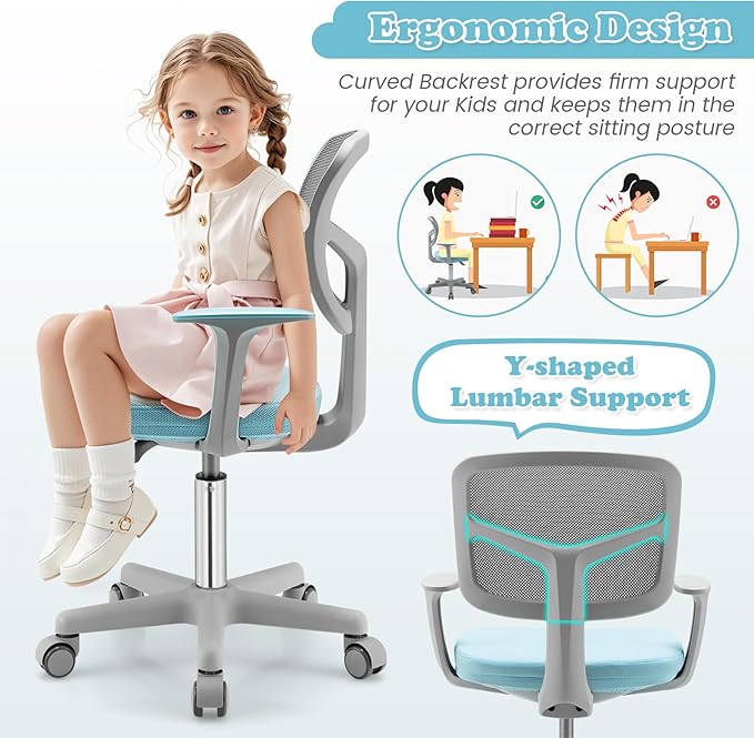 Giantex Kids Desk Chair, Height Adjustable Children Swivel Computer Chair with Y-Shaped Lumbar Support & Universal Casters, Mesh Kids Task Chair for Study, Boys Girls Aged 4-13, Blue