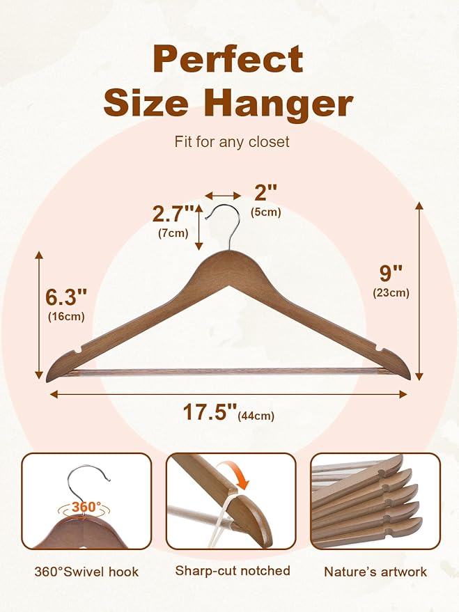 HOUSE DAY Walnut Wooden Hangers 30 Pack, Heavy Duty Wooden Coat Hanger for Closet, Solid Wood Hanger with Non Slip Pant Bar, Smooth Finish Wood Clothes Hangers for Shirts, Suits Jackets, Dress
