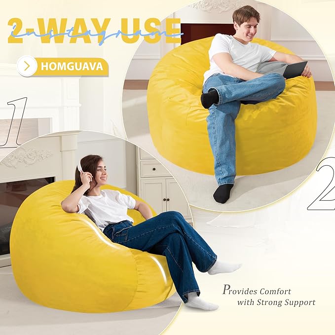 Homguava 3FT Bean Bag Chair: 3' Bean Bags with Memory Foam Filled, Large Beanbag Chairs Soft Sofa with Dutch Velvet Cover-Mustard