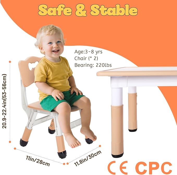 FUNLIO Adjustable Kids Chair (2pcs), 3 Level Height Adjustable Toddler Chair for Ages 3-8, Sturdy Child Chair with Maximum Bearing 220lbs, for Classrooms/Daycares/Homes, CPC & CE Approved - Natural