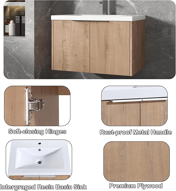 Goujxcy 30" Wall Mounted Vanity With Sink, Modern Floating Cabinet With White Resin Wash Basin & Storage, Soft-Close Door Plywood Hanging Bathroom Cabinet (Imitative Oak)